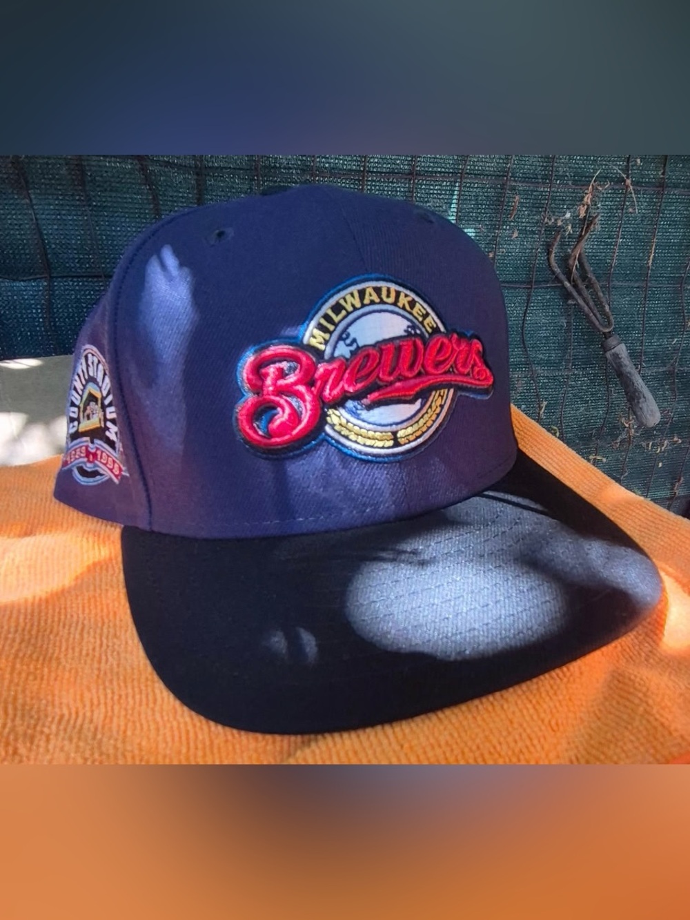New Era Brewers Navy Cap with Black Brim and Red Script